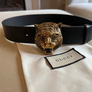 Gucci Tiger Head Gold Buckle and Black Belt